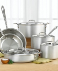 Whether you're a master chef or just a beginner, this 10-piece set is a great addition to any kitchen. With three-ply bonded construction: 18/10 stainless steel interior, a pure aluminum core, and a stylish brushed aluminum exterior. Features stay-cool handles and snug-fitting lids. Set includes 2- and 3.5-quart covered saucepans, 3-quart covered sauté pan, 8-quart covered stock pot, 8- and 10-inch fry pans. Hand washing recommended. Manufacturer's lifetime warranty.