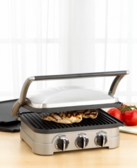 A versatile cooking aid that lets you grill to goodness and press to impress. In brushed stainless steel with embossed logo, the Cuisinart griddler features removable nonstick contact grill, open grill and griddle plates, along with a panini press, all designed to drain grease for healthy cooking. Limited three-year warranty. Model GR4.