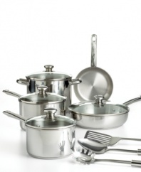 An essential starter kit for the aspiring chef. This complete cookware set from Tools of the Trade features classic stainless steel construction, providing great results for kitchen tasks big and small. Limited lifetime warranty.