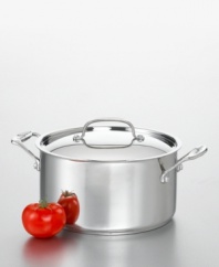 Stir professional-grade sauces with a chef's choice sauce pot in an 18/10 stainless steel mirror finish. A pure aluminum core distributes heat rapidly and evenly, while a tapered rim facilitates easy, drip-free pouring and transfer. Limited lifetime warranty.