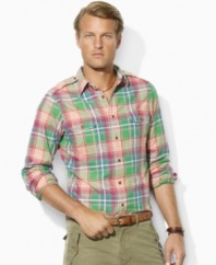 A bold, heritage plaid lends rugged quality to a trim-fitting military shirt in lightweight cotton twill.