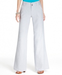 INC updates petite casual linen pants with glamorous rhinestone studs and a touch of crochet. Also available in a curvy fit.