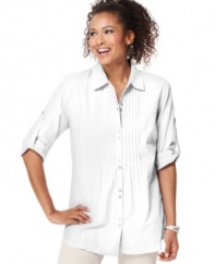 This laid-back petite shirt from Karen Scott features pintuck pleats at the chest and roll-tab sleeves for menswear-inspired panache.