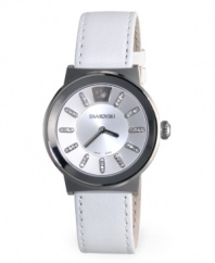 Dazzle them with this pristine Piazza watch by Swarovski. White leather strap and round stainless steel case. Silver tone dial features four crystal accents at each marker, logo at twelve o'clock and two silver tone hands. Swiss quartz movement. Water resistant to 30 meters. Two-year limited warranty.