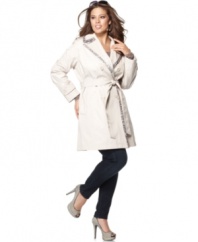 Spring's on-trend print, a faux-python trim elevates this plus size Via Spiga trench coat for a touch of luxe!