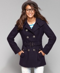 A preppy pea coat from M60 Miss Sixty keeps it flattering with a belted waist and fitted style. (Clearance)