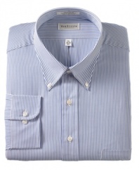 Crafted in a comfortable cotton blend, this striped oxford dress shirt from Van Heusen is a versatile complement to your Monday through Friday rotation.