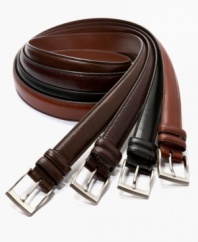 With a smooth, polished metal buckle and double loop detail, this full grain leather belt will add a refreshing new note to any old suit. Imported.