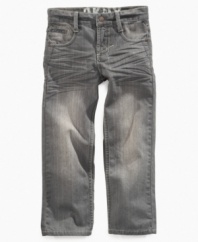 Get him the jeans that have serious style from DKNY.  Sandblasting and wear marks make these a vintage-inspired must-have.