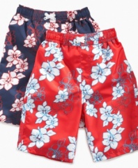Watch out for the waves! He'll be ready to hit the water in these cool patterned swim trunks from iXtreme.