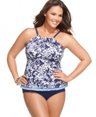 The beauty's in the details: 24th & Ocean's plus size tankini top features a unique high neckline and a cute contrasting hem!
