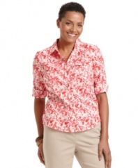 This petite shirt by Karen Scott outfits a traditional button-down with a vibrant floral print. It's the perfect way to perk up jeans or khakis!