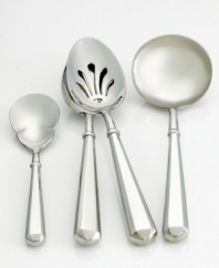 A faceted handle makes every meal-and the hostess serving it-even more interesting. Make your style statement with the Todd Hill 4-piece hostess set. Set includes: sugar spoon, tablespoon, pierced tablespoon and gravy ladle.