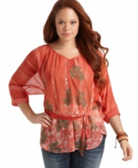 Get scorching hot style with Fire's three-quarter sleeve plus size top, cinched by a belted waist