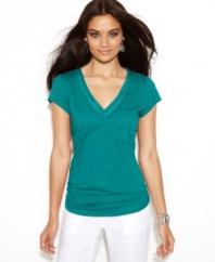 Build your wardrobe with a fabulous-fitting petite tee from INC! The voile trim adds a delicate touch to this essential.
