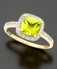 A flash of brilliance. Stunning cushion-cut peridot (1-1/3 ct. t.w.) surrounded by round-cut diamonds (1/5 ct. t.w.) creates a sensational style. Set in 14k gold.