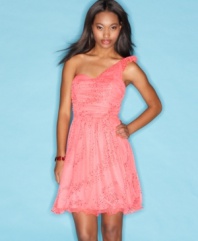 Dare to twinkle in this one-shoulder dress from BCX that flaunts a ruched bodice and girlish, ruffled hem!