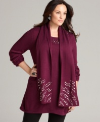 Look fashionable in frigid temps with Style&co.'s long sleeve plus size sweater, accented by a studded neckline and scarf. (Clearance)