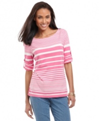 Stripes make a stylish touch to any day-wear this petite tee by Charter Club with jeans to add a pop of color to your weekend! Roll tabs mean the sleeves can be worn at three-quarter length or short sleeve.