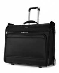 Tailored to the traveler's needs, this Samsonite garment bag is designed with a slender, streamlined shape that doesn't compromise capacity. Lightweight even when loaded, it holds hangers straight from your closet and keeps dressy accessories in great shape through your entire trip. 10-year limited warranty. Qualifies for Rebate
