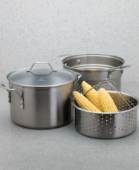 Expect more from your cookware with the Simply Calphalon stainless multi-pot. From appetizer to entree, this pot can do it all: prepare perfect pasta in the strainer insert, steam vegetable in the steamer and simmer soup in the stock pot. A double-coated nonstick interior ensures smooth, easy cooking. 10-year warranty.