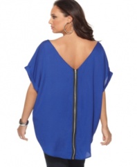 Make a dramatic exit with L8ter's short sleeve plus size top, featuring an exposed zipper.
