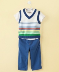 Savvy in stripes. This stylish tee shirt, sweater vest and pant set from First Impressions is a simple way to keep him comfortable and looking great.