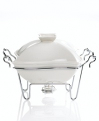 Serve hot hors d'oeuvres or warm up your next entrée with this white porcelain baker from Godinger. With a warming stand and tealight candle included. Shown front.