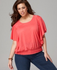 Look beautiful from all all angles with Style&co.'s butterfly sleeve plus size top, spotlighting a crocheted back.