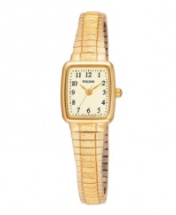 A perfectly elegant watch that has your comfort in mind. Pulsar by Seiko crafted of goldtone mixed metal expansion bracelet and rectangular case. Cream dial features black numerals and stick indices, three goldtone hands and logo. Quartz movement. Water resistant to 30 meters. Three-year limited warranty.