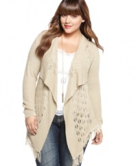 American Rag's plus size cardigan re-works a classic look – boho chic details like pointelle knit and fringe make it stand out!