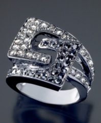 Pump up your style with this gorgeous ring by GUESS. Featuring gleaming crystal accents in a unique buckle design and a silvertone mixed metal setting. Size 8.
