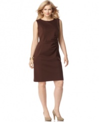 Defined by an ultra-slimming fit, Jones New York Collection's sleeveless plus size sheath dress is a must-have addition to your work wardrobe!