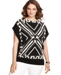 Wrap up an on-trend look with Alfani's short sleeve plus size top, featuring a scarf print.