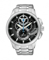 Striking hardware adds high-impact style to the dial of this Eco-Drive watch by Citizen.