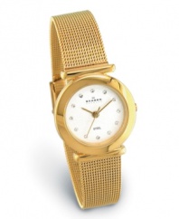 Make every day golden! The gold-tone, stainless steel, mesh bracelet and round, white dial combine for a sleek sensibility. Features ultraslim Japanese quartz. Water resistant up to 3 ATM. Lifetime imited warranty.