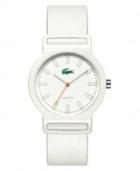 Get decked out with monochromatic style. The Lacoste Tokyo watch features a white leather strap and round stainless steel case. White dial with tonal stick indices and logo. Quartz movement. Water resistant to 30 meters. Two-year limited warranty.