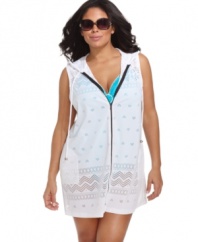 A sheer tunic top makes an elegant way to cover up! Dotti's plus size, zip front topper also features a drawstring hood.