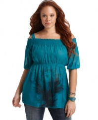 Score super-cute style with L8ter's off-the-shoulder plus size top, showcasing a screen print and babydoll shape.