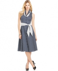 Jones New York Signature outfits this classic A-line with an extra feminine touch--a ruffled neckline and self-tie belt in a contrasting polka dot print.