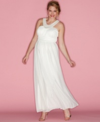 Take their breath away with Trixxi's sleeveless plus size dress, accented by a beaded neckline-- be the star of your special day or night!
