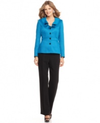 A gorgeous texture, seamed waist and ruffled neckline make Tahari by ASL's jacket stunning. The coordinating pants highlight the jewel-toned jacket hue for a pantsuit with panache!