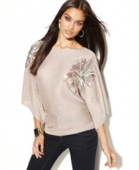Sequined flowers create a starburst of style on INC's petite kimono sleeve sweater!