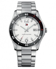A sporty watch with a dressy side. This handsome Tommy Hilfiger watch features a brushed and polished stainless steel bracelet and round case. Black enamel bezel with second markers. White dial with logo, date window, silvertone markers and numerals at six o'clock and twelve o'clock. Quartz movement. Water resistant to 30 meters. Ten-year limited warranty.