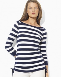 Bold stripes grace the front of a three quarter sleeve tee, crafted with an elegant ballet neckline and drawcord detailing at the hem to create chic ruching.