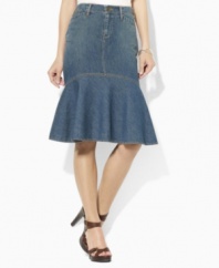 A breezy flared hem lends feminine charm to this skirt, rendered in washed, timeworn denim for a vintage-inspired look from Lauren Jeans Co.