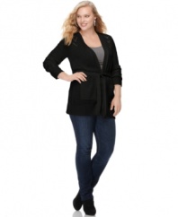 Warm up your look with Extra Touch's long sleeve plus size cardigan, cinched by a belted waist.