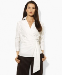 Lauren by Ralph Lauren's sophisticated petite wrap blouse is crafted in crisp cotton poplin and finished with chic gathering for a feminine silhouette.