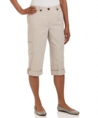 These petite pants by Karen Scott do double duty, with casual-cool style as first priority. Wear at full length or use the roll tabs secure the leg for a fresh capri look.