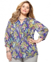 Let your wear-to-work wardrobe soar with Charter Club's three-quarter sleeve plus size blouse, featuring a butterfly print.
